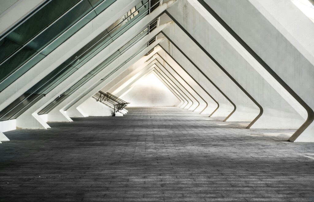 Explore a sleek and contemporary architectural hallway with futuristic design.